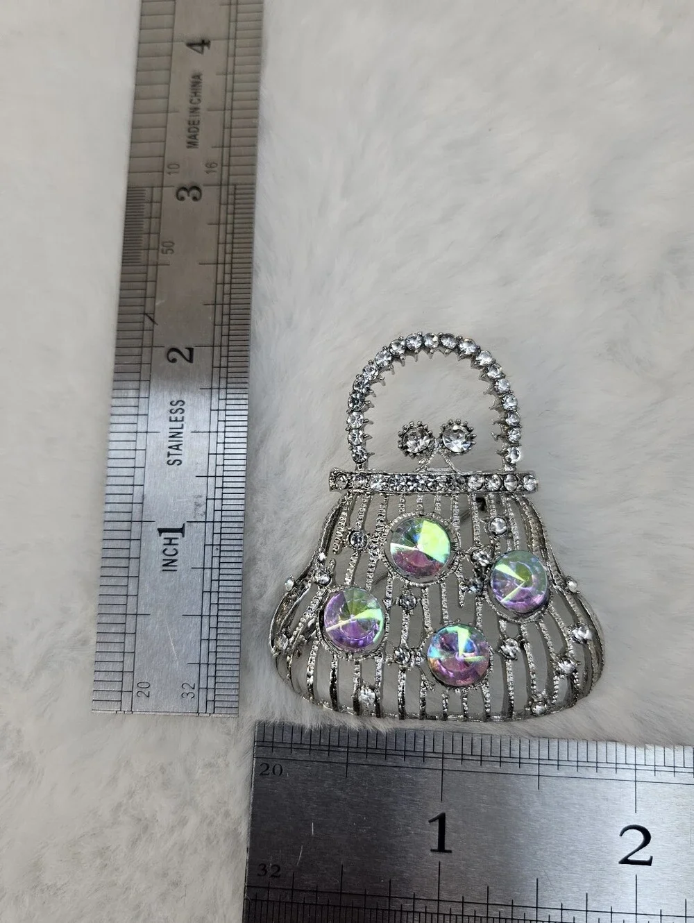 Rhinestone Silver Handbag Brooch – Iridescent Accent